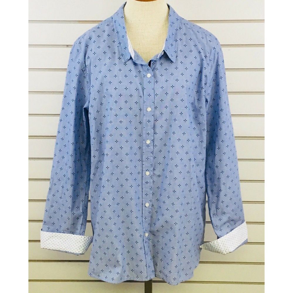 Womens XL Le Tigre Shirt‎ Blue Button Front Roll Tab Sleeves Patterned Contrast